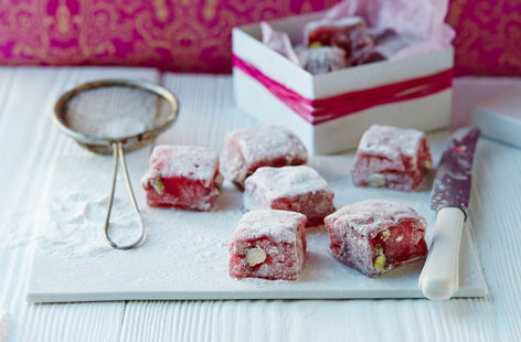 These beautiful pink homemade Turkish delights will brighten up anyone's day. Made with fragrant rosewater and pistachios, you'll need to prepare them well in advance of serving as they need enough time to set.
