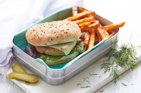 Try a burger alternative with this mouthwatering smoked mackerel version served with a side of crispy sweet potato fries