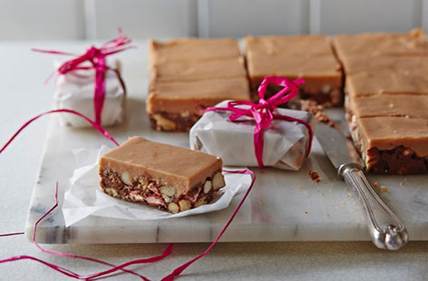 Surprise friends and family with these quick and easy sweet treats. These delicious rocky road bars are topped with homemade fudge and can be made ahead of Christmas day – they will keep, in an airtight container, for up to one week.