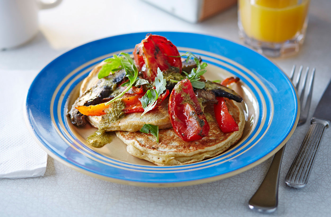 Buttermilk pancakes with roasted tomatoes, peppers and mushrooms recipe