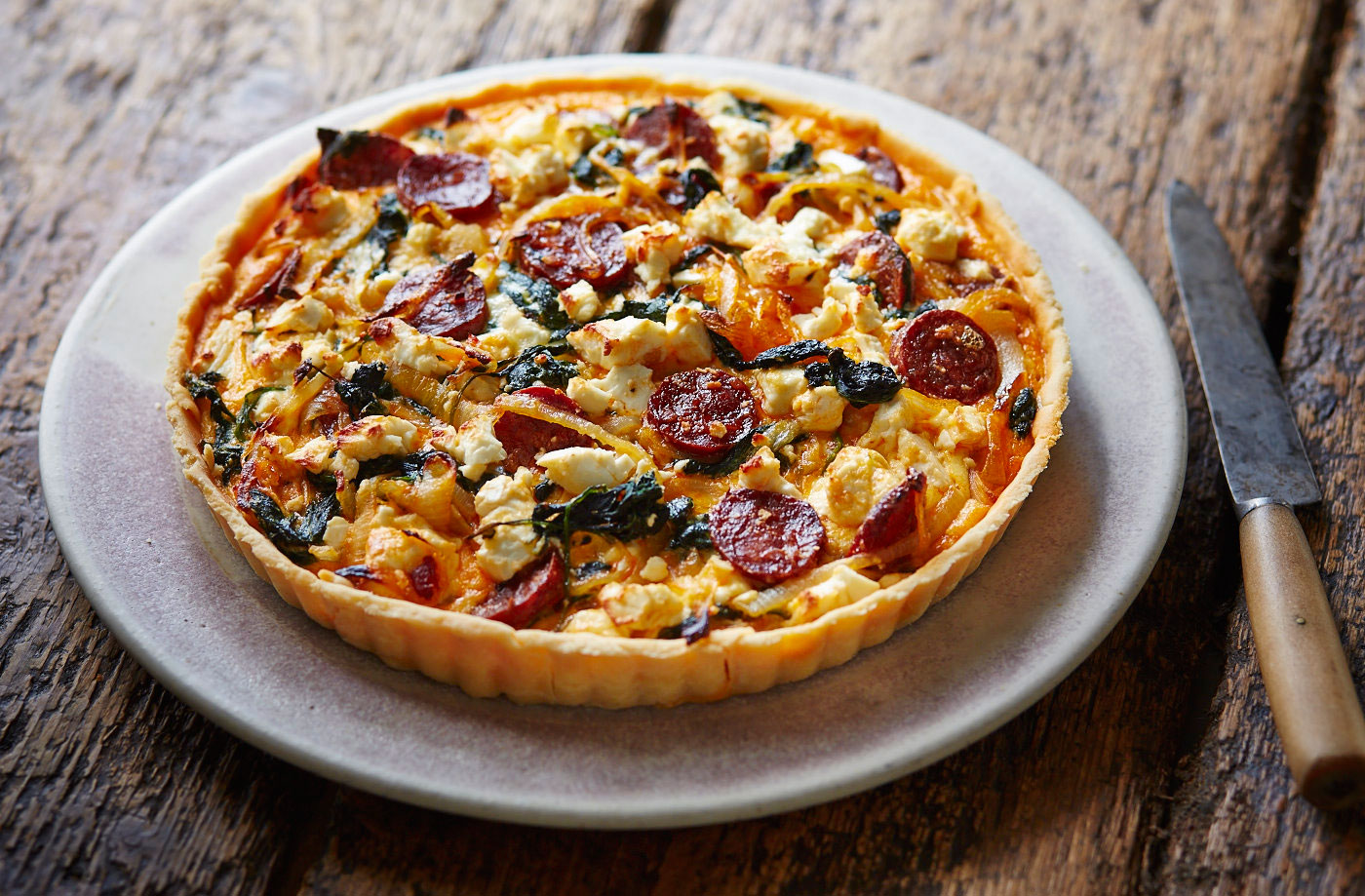 Gluten-free spinach, feta and chorizo tart  recipe