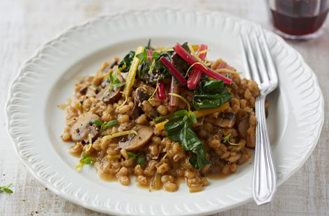 This vegan mushroom risotto recipe is topped with lemony sautéed chard giving it that extra zingy flavour.