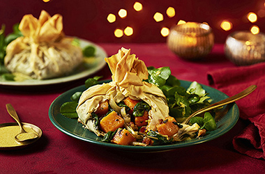 Butternut squash, sage and caramelised onion filo scrunch pies