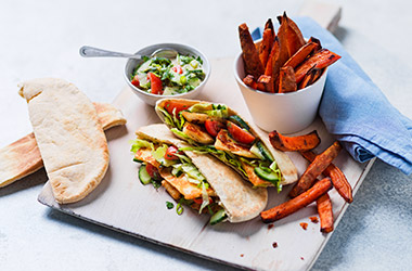 Halloumi pittas with sweet potato wedges