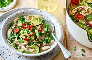 Miso-glazed aubergine, summer chicken noodle soup, creamy tomato and sardine pasta...