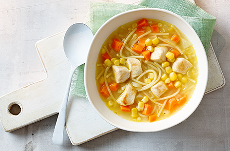 Kids will enjoy slurping on this simple soup recipe which has comforting flavours from the chicken and sweetcorn.