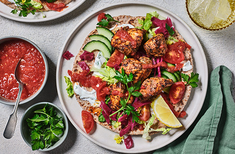 Recreate a healthy version of your favourite takeaway! These easy chicken kebabs are full of feel good ingredients. Make your own flatbreads using just 3 ingredients and load with colourful veggies and tender chicken.