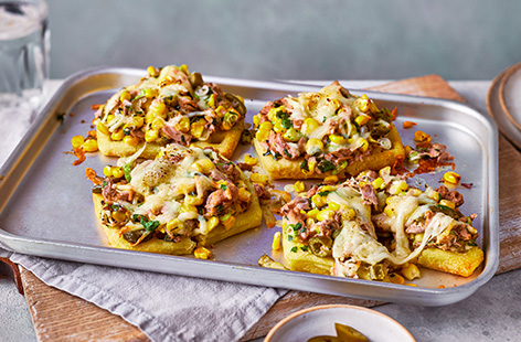 Crispy potato waffles topped with creamy tuna mayo and melting mozzarella - what's not to love? This makes a smashing speedy lunch, dinner or late-night snack. You can even add jalapeños for a spicy kick.