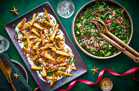 Sweet honey and sesame roasted parsnips pair with garlic yogurt and a crispy kale and pearl barley salad - it’s perfect for a cold winter’s day. 
