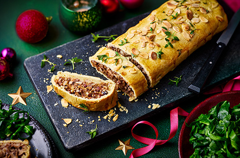 Our savoury take on the traditional sweet, this mushroom and nut strudel is stuffed with all of the good stuff then rolled in deliciously light shortcut pastry before cooking for just over half-an-hour in the air-fryer. A great vegan centrepiece idea.