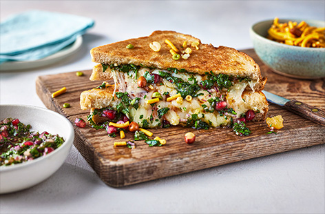 Tangy coriander chutney, creamy spicy cheese and crunchy Bombay Mix take this toastie to the next level! 