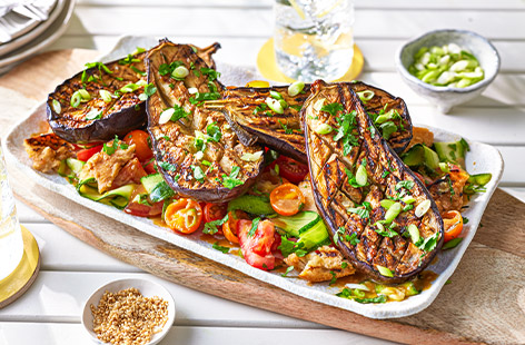 Let your guests dig into this easy-to-assemble aubergine starter at your next barbecue while you appreciate just how easy it was to make