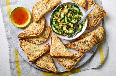We've taken the classic Chinese side, sesame prawn toast and added a crunchy, spicy cucumber salad on the side to make it a meal in its own right. Use your air-fryer for speed and extra crunch, but if you don't own one, you can still enjoy this recipe toasting the bread and grilling the topping – see tip, below. 
