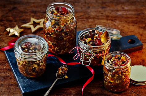 This really easy mincemeat recipe just requires mixing all the ingredients – including cherries, almonds and a tot of alcohol of your choice – together. 