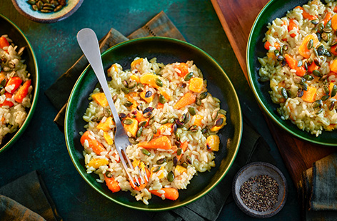 This 5-ingredient seasonal risotto is warming and comforting. Made using frozen butternut squash and carrots, this dish is the perfect vegan autumn bowlful. 