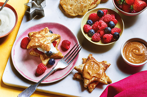 These mini banana pancakes are freezable, meaning you can bring them out the freezer whenever your kids are feeling snackish. Sandwich your pancakes together with whatever you fancy - we like peanut butter, Greek yogurt and summer berries.