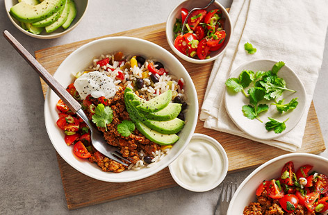 You can rustle up this healthy, Mexican-inspired burrito bowl in just over half an hour. Using frozen veg and rice, it's quick and easy to prepare, ideal for a tasty midweek meal or relaxed weekend food. Serving six, there's plenty to go round or save some leftovers for lunch the next day.