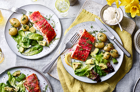 A classic, crowd-pleasing combination of salmon, beetroot, horseradish and new potatoes