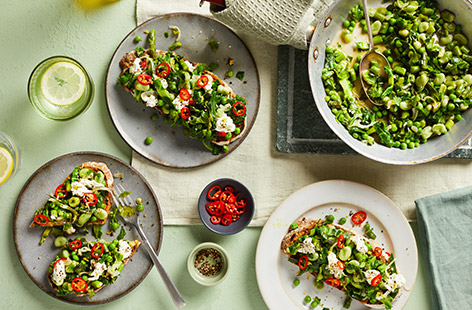 Here's a delicious way to get 2 of your 5-a-day - stir-fried spring veg piled onto garlicky toast with mozzarella, lemon and chilli. Lunch is served!