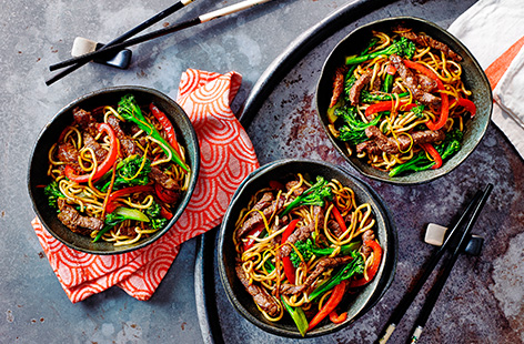 Strips of beef lightly stir-fried with zesty orange and fragrant ginger, alongside blanched tenderstem broccoli and sliced red pepper.