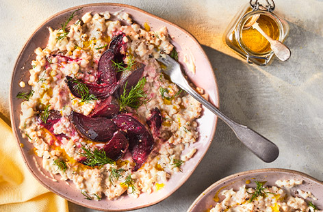 Buckwheat has a hearty, nutty flavour, which works really well in a risotto. It takes a bit longer to cook but the result is well worth it. Here, it's topped with sweet roasted beetroot and fragrant dill, which marries perfectly with the peppery horseradish and crème fraîche in the risotto. A deliciously different dinner!