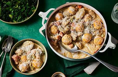 Creamy Parmesan and black pepper chicken, topped with fluffy, cheesy dumplings make for a delicious alternative Sunday lunch.  