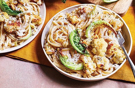 This twist on classic cacio e pepe (cheese and black pepper pasta) features creamy roasted cauliflower. Not only is this a deliciously different dinner, the whole vegetable is used so there's no waste!