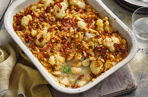 Cheesy cauliflower and smoky bacon bits combine for this quick and easy midweek meal