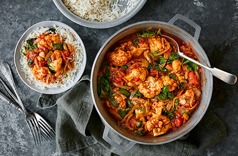 Need inspiration for a Meat-Free Monday meal? Make this cauliflower and spinach curry for a quick vegetarian dinner – using frozen veg means it comes together in no time for an easy midweek meal. 