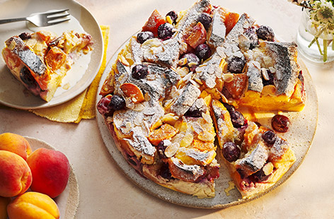 With cherries, apricots and almonds, our brioche bake makes a brilliant Bank Holiday pud. The almonds and cherries deliver big Bakewell tart flavours. Serve with cream or crème fraîche.