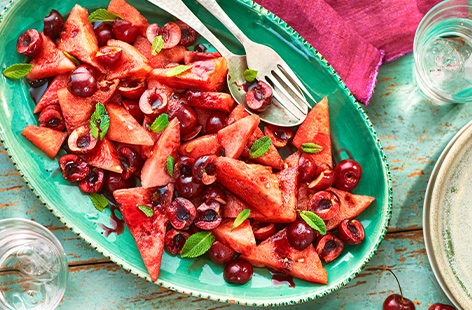 Need a fruit salad to enjoy in the sunshine? Make this cherry and watermelon salad that makes the most of seasonal, lush cherries