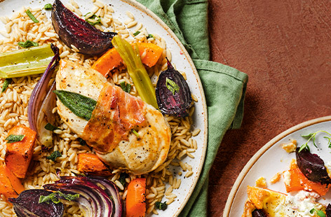 Pancetta and sage-wrapped chicken breasts roasted with a rainbow of root veg is one-pan cooking at its best – delicious, healthy and minimal clean-up.