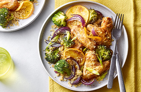 This tasty recipe is cooked in one tray in the oven. By adding the couscous and stock to the same tray as the chicken and veg, it takes on all the delicious flavours. See our tip on how this can be made in an air-fryer.
