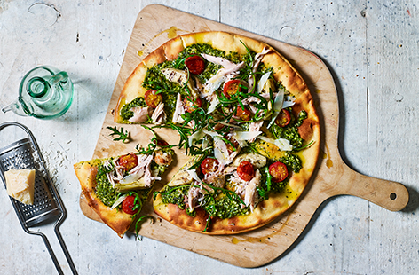 These simple pesto, artichoke and chicken pizzas come together in just 30 minutes for a fast midweek meal. 