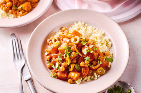 Transport your taste buds to the vibrant flavours of Morocco with this tasty chickpea and apricot tagine, great for a weeknight dinner.