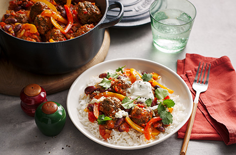 Shake up your standard chilli con carne with the addition of tender meatballs – a simple change that makes all the difference of flavour