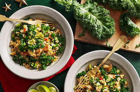 When only egg-fried rice will do, why not try adding a dose of green goodness with this super-tasty kale recipe? The chilli, ginger, lime and soy pack a punch, but it's still comforting and familiar. Ready in 15, this is fresh, fast food that delivers any night of the week.