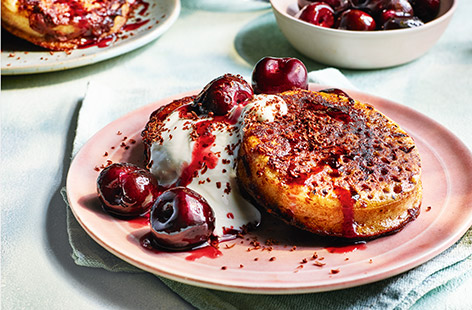 French toast meets British crumpet for this indulgent breakfast, brunch or summery dessert. Making the most of seasonal cherries, it's fruity, luscious and so decadent!