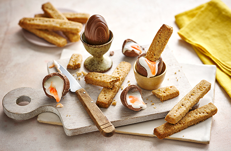 A fun new take on classic 'dippy eggs' made with Cadbury crème or caramel eggs and toasty brown butter shortbread.