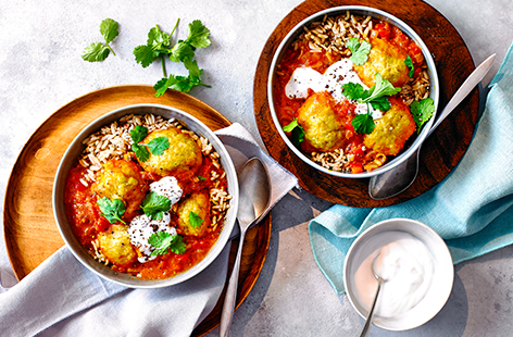 Looking for more dinner recipes to serve 2? This hearty vegan curry pairs a creamy coconut and tomato sauce with spiced chickpea dumplings and easy-cook brown rice. If you're cooking for one, the leftovers are perfect for lunch the next day.