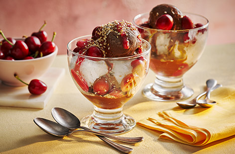 Dark chocolate, creamy coconut and sweet cherries is a heavenly flavour match, re-created in these indulgent sharing sundaes. You can prep everything in advance, then assemble just before serving.
