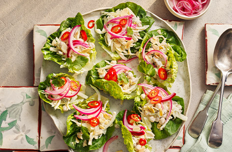 Looking for Bank Holiday recipe inspiration to feed a crowd? These coronation chickpea lettuce cups are the perfect no-cook nibble.
