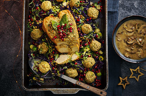 Serve up the new Wicked Kitchen festive centrepiece, with an easy miso-broccoli stuffing and super-savoury mushroom gravy