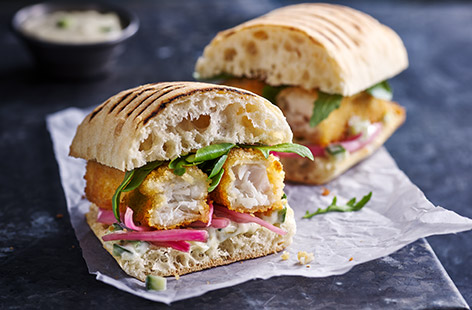 The humble fish finger is brought to the next level with a simple but super combo of pickled red onion and creamy tartare sauce