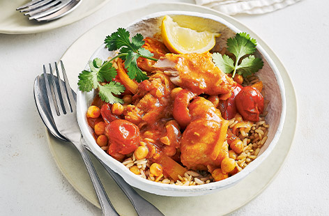 This fabulous fish stew is low in salt and provides 3 of your 5-a-day. Use whatever white fish you fancy and cook in a harissa-spiced tomato sauce with peppers and chickpeas.