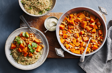 This fruity sweet potato tagine recipe with orange and coriander flavours is a great option as a vegetarian main. Quick, freezable and healthy, it ticks all the boxes