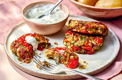 Full of fresh summer flavours, these simple fritters make an interesting appetizer or side. The cherry vine tomatoes give a burst of sweetness that balances well with the zesty lemon and tangy salad cheese. Serve with new potatoes and tzatziki for a filling lunch or dinner.