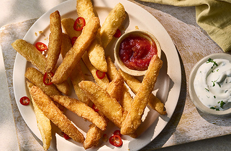 A great alternative to chips and fries, but just as satisfying, these halloumi fries really bring out the salty softness of this cheese. Spiced up with paprika and crispy on the outside, serve with burgers, barbecue chicken, grilled fish and a green salad.