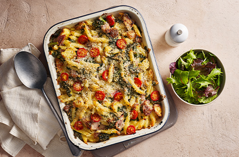 Use leftover ham and potatoes in this easy pasta bake recipe