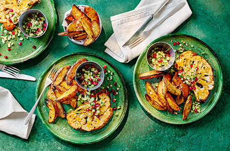 Take inspiration from the middle east with this gorgeously spiced whole roasted cauliflower. Simply roast in the oven with some spicy wedges and serve with a cooling cucumber and mint chopped salad. You can even use the leftover cauliflower to create a spicy tomato pasta the next day too.